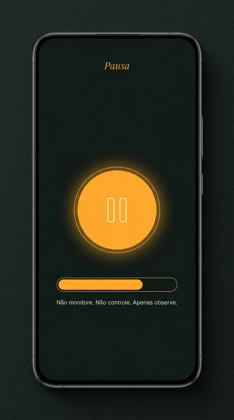 Tela do app Pausa no Modo Crise, mostrando o botão de pausa âmbar central e a frase 'Não monitore. Não controle. Apenas observe.'